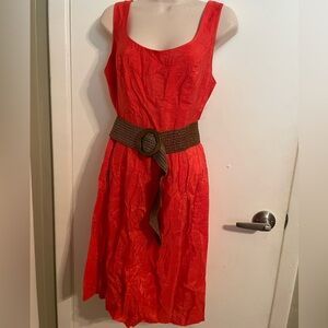 Shimmery coral dress with brown raffia like belt. NWT. 14 9 West.